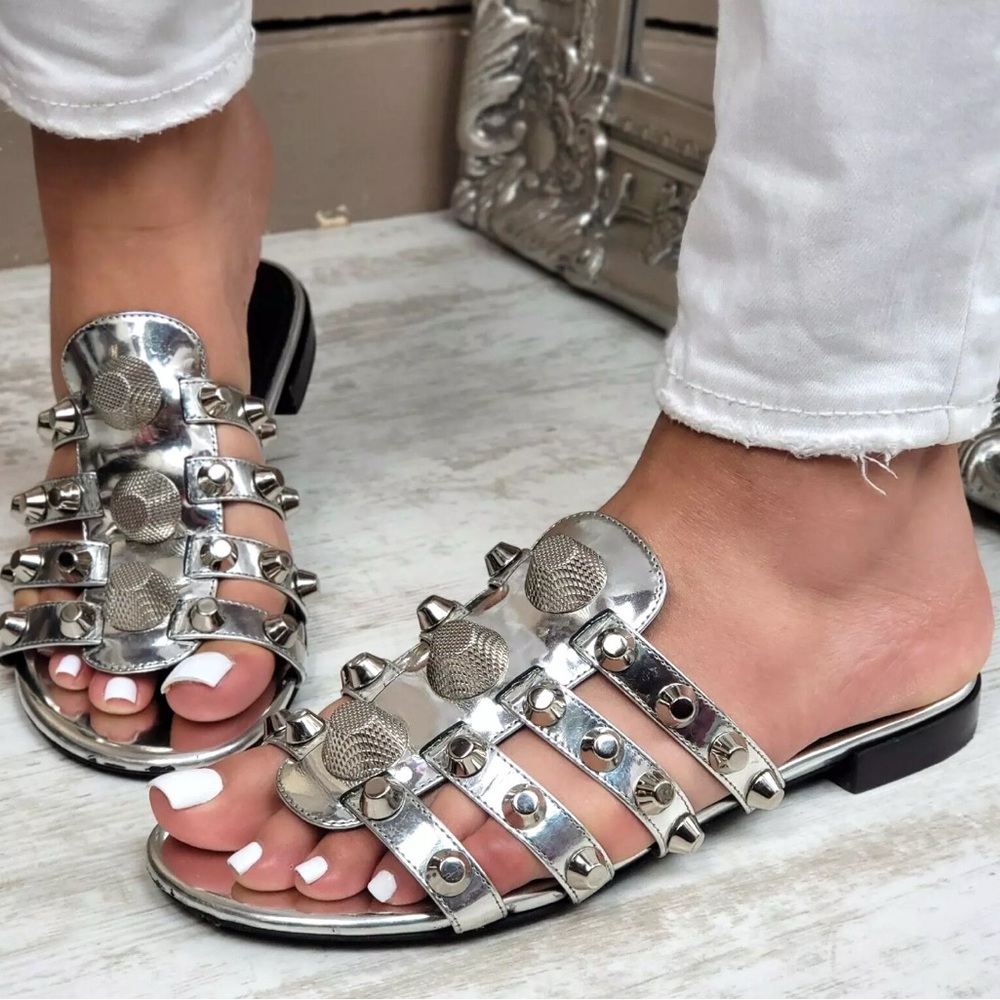 BALENCIAGA Agneau Black and Gold Studded Women's Sandals, Size 38~ - Picture 7 of 7